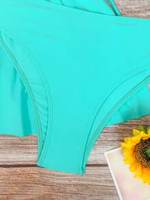 SHEIN Swim Summer Beach Plain Lace Up Side Tankini Swimsuit - Blue - View 4