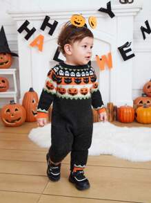 SHEIN Baby Girl Halloween Pumpkin Pattern Knit Jumpsuit - Multicolor - View 5