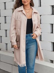 SHEIN LUNE Plus Drop Shoulder Fringe Hem Pocket Patched Overcoat - Apricot - View 1