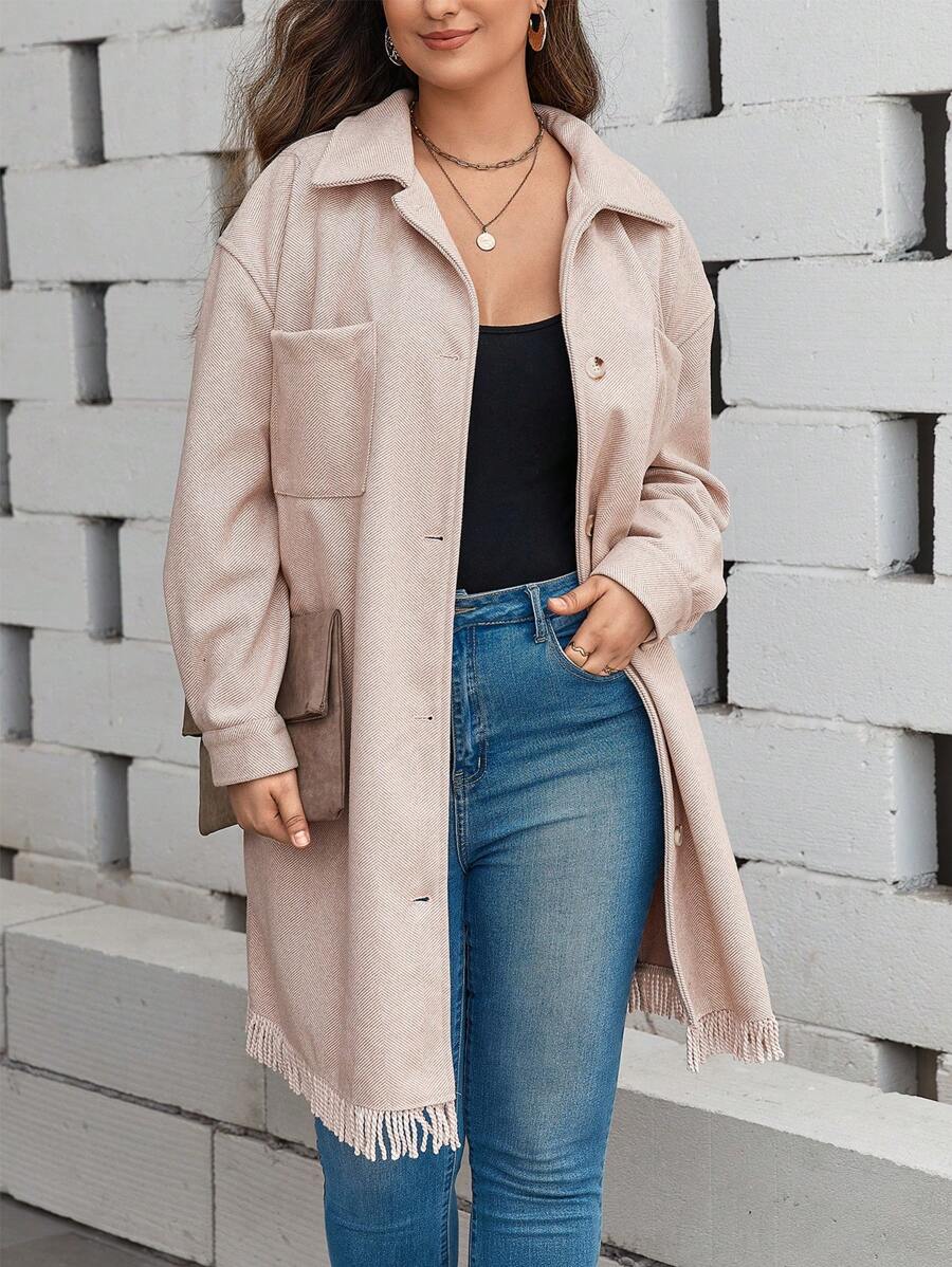 SHEIN LUNE Plus Drop Shoulder Fringe Hem Pocket Patched Overcoat - Apricot - View 1