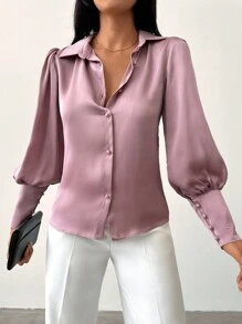 EURMUSE Chất rắn Nút phía trước Tay áo Đèn lồng Xa ten Áo sơ mi - Hồng - Xem 4