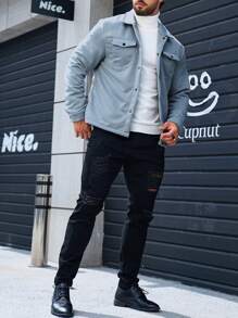 Manfinity Homme Nam Chất rắn Túi có nắp Nút Lên Áo khoác kiểu sơ mi - Xám - Xem 6