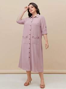 Mulvari Talla grande Vestido camisero con parche de bolsillo - Rosa vieja - Ver 3
