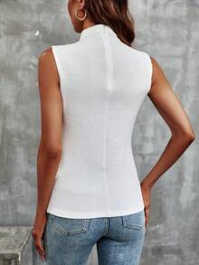 SHEIN LUNE Mock Neck Ribbed Knit Tank Top - White - View 2