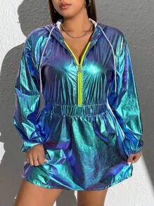 SHEIN ICON 大碼鐳射抽繩落肩袖連帽洋裝 - 彩色 - 查看 5