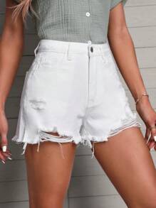 SHEIN 破洞毛邊牛仔短褲 - 白色 - 查看 5