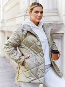 RueChic Plus Solid Slant Pocket Belted Quilted Coat - Olive Green - View 3