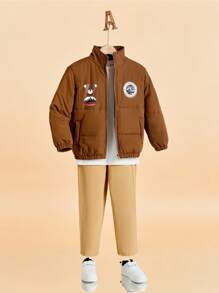 SHEIN Tween Boy Cartoon Graphic Padded Coat - Brown - View 5