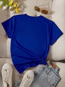 INAWLY 心形字母图案T恤 女式上衣 - 寶藍色 - 查看 2