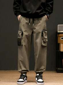 Men Flap Pocket Side Drawstring Waist Cargo Pants - Army Green - View 3