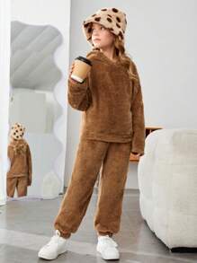 SHEIN Cô gái Tween Thư được vá Flannel Áo Hoodie & Quần - màu nâu - Xem 6