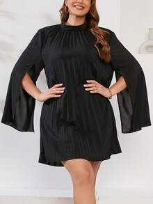 SHEIN Clasi Plus Mock Neck Split Sleeve Pleated Dress - Black - View 4