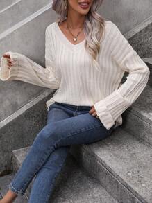 SHEIN LUNE 纯色落肩罗纹针织套头衫，适合秋冬季穿着 - 杏色 - 查看 3