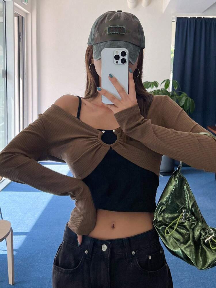 Solid Crop Cami Top & Ring Linked Crop Top Long Sleeve Women Tops
