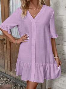 SHEIN LUNE 喇叭袖荷葉邊和服罩衫 - 紫丁香色 - 查看 6