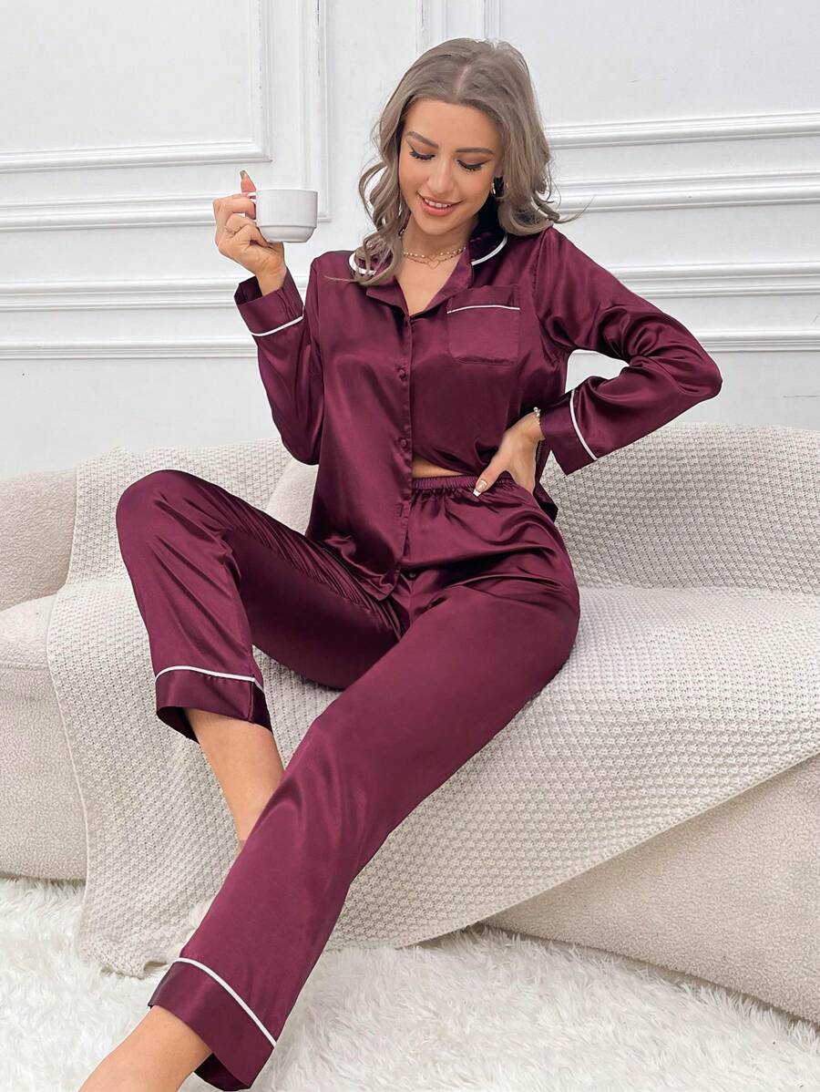 Bộ PJ Đường ống tương phản / Bộ Pajama - Màu tím - Xem 1