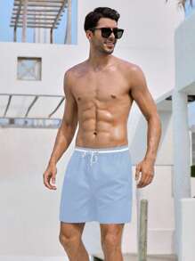 Surfspeed Men Striped Trim Drawstring Waist Swim Trunks - Baby Blue - View 5