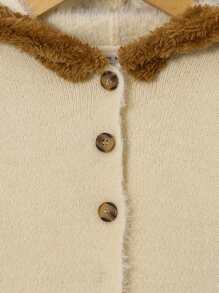 SHEIN Baby Girl Contrast Teddy Hooded Button Up Fuzzy Trim Cardigan - Beige - View 4