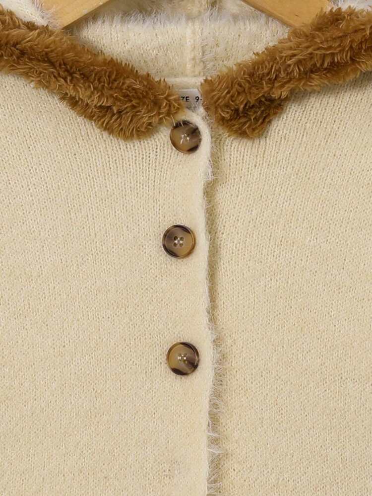 Baby Girl Contrast Teddy Hooded Button Up Fuzzy Trim Cardigan