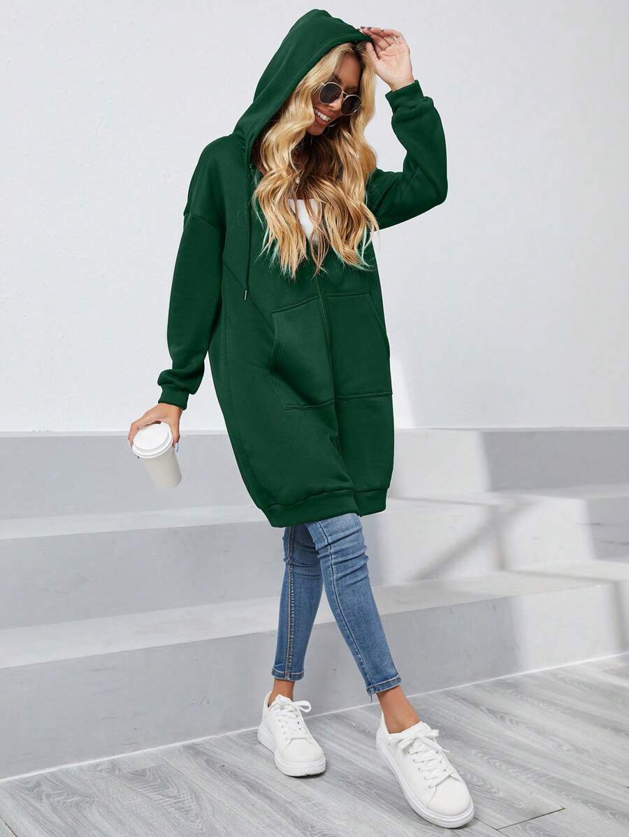 INAWLY Zip Up Drop Shoulder Drawstring Thermal Lined Hoodie - Green - View 1