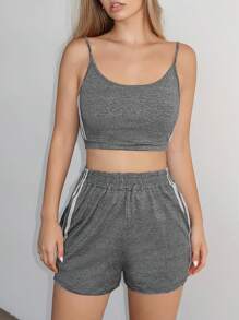 Muchica Contrast Side Seam Cami Top & Shorts - Grey - View 3