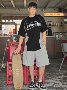 DAZY Men Letter Graphic Topstitching Raglan Sleeve Tee - Black - View 3