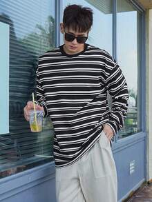 DAZY Men Striped Print Drop Shoulder Tee - Black and White - View 6