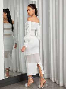 Zolique Off Shoulder Fuzzy Cuff Mesh Insert Dress Maxi Women Outfit - White - View 2
