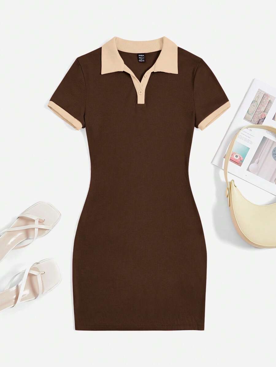 SHEIN EZwear 拼接領條紋針織緊身洋裝 - 巧克力棕 - 查看 1