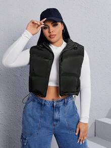 SHEIN EZwear Áo khoác đệm có khóa kéo viền rút Plus không có áo phông - màu đen - Xem 7