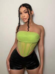 SHEIN SXY Solid Bandana Hem Crop Tube Top - Lime Green - View 5