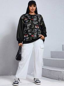 SHEIN EZwear 大碼標語和卡通圖案落肩袖套頭衫 - 黑色 - 查看 3