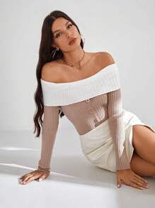 SHEIN Privé Off Shoulder Foldover Off Shoulder Ribbed Knit Sweater
