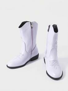 女孩刺繡細節拉鍊側面英倫風靴子牛仔靴，適用於戶外 - 紫色 - 查看 4