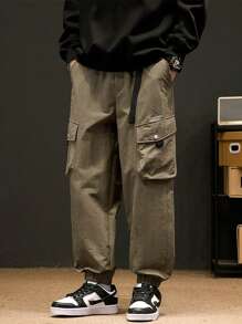 Men Letter Graphic Flap Pocket Cargo Pants - Khaki - View 1