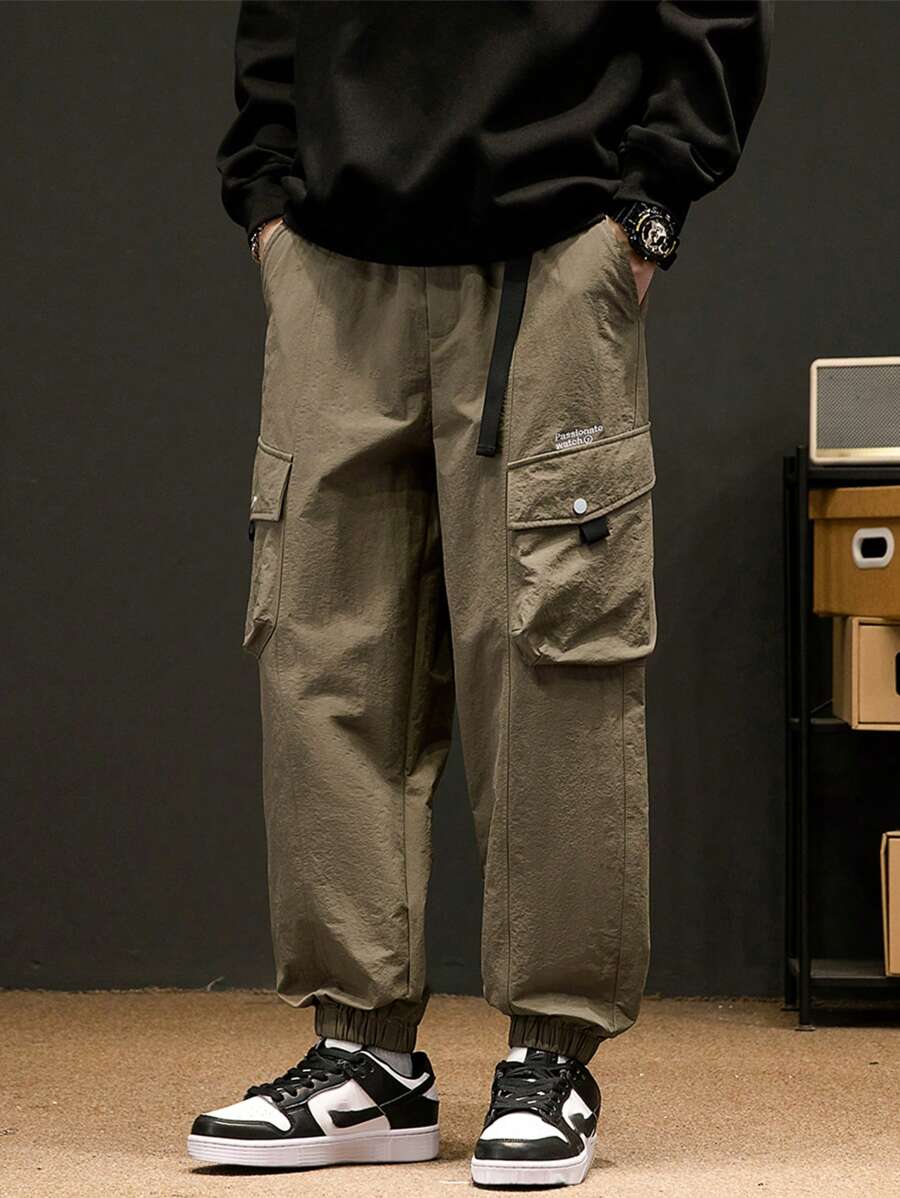 Men Letter Graphic Flap Pocket Cargo Pants - Khaki - View 1