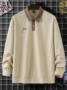 Manfinity Hypemode Men Cartoon Embroidery Polo Neck Drop Shoulder Oversize Sweatshirt - Apricot - View 4