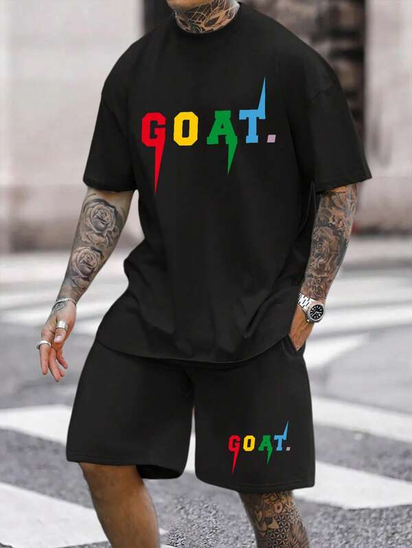 Manfinity Homme Men Letter Graphic Tee & Drawstring Waist Shorts