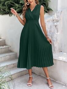SHEIN Frenchy Solid Pleated Hem Dress Summer Elegant Evening Dress Green Christmas - Dark Green - View 4
