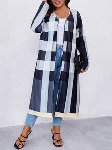 SHEIN LUNE Hơn In kẻ sọc Mở Mặt trước Áo khoác dài - Nhiều màu - Xem 4