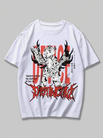 Anime تي شيرت بطباعة أحرف للشباب