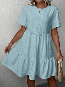 SHEIN LUNE Plus Eyelet Embroidery Ruffle Hem Smock Dress - Blue - View 6