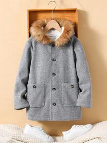 SHEIN Tween Boy 毛绒装饰连帽保暖内衬大衣 - 淺灰色 - 查看 4