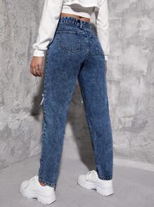 SHEIN ICON Ripped Mom Fit Jeans - Dark Wash - View 2