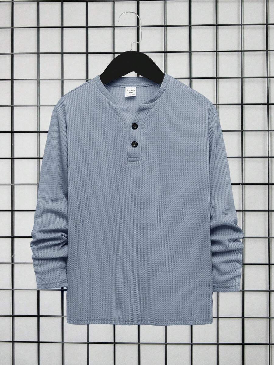 SHEIN 兒童男童純色半開襟 Polo 長袖 T 恤 - 藍色 - 查看 1