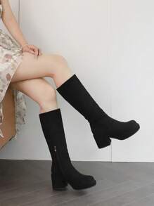 女性新品到貨厚跟及膝靴帶防水台和增高功能適用於秋冬 - 黑色 - 查看 1