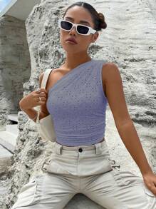 SHEIN Privé 單肩網眼刺繡側收褶短款上衣 - 紫丁香色 - 查看 5