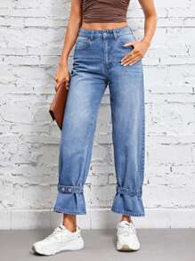 SHEIN Essnce High Waist Buckle Detail Jeans - Blue - View 1