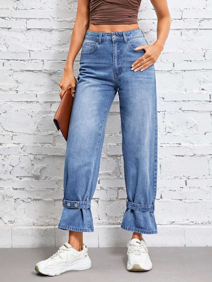 SHEIN Essnce High Waist Buckle Detail Jeans - Blue - View 1