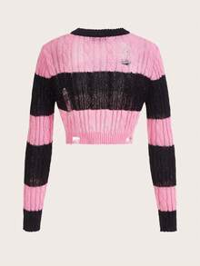 SHEIN EZwear 撞色破洞短款毛衣 - 彩色 - 查看 2